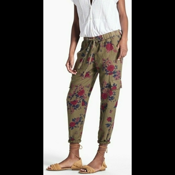 Lucky Brand Floral Army Green Linen Cargo Pants - Picture 2 of 7